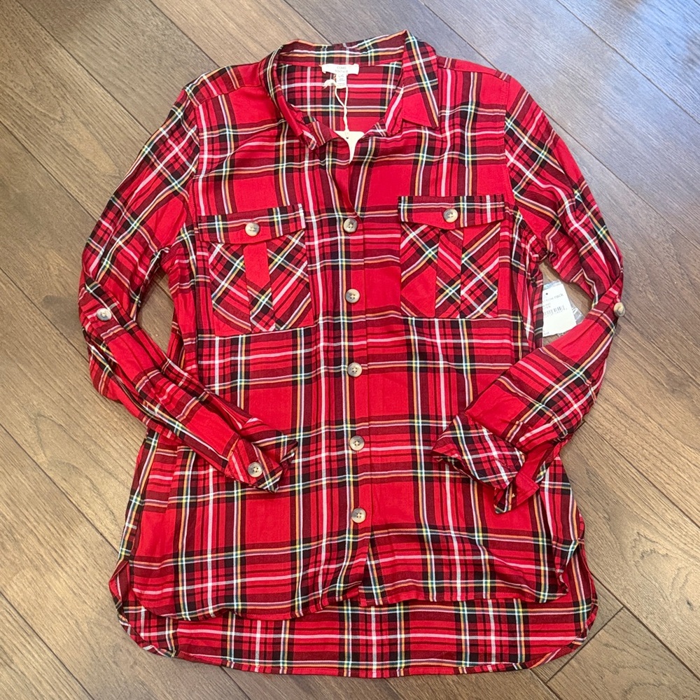Como Vintage Red Plaid Button-Up Shirt Tunic Style Large NWT C9-016